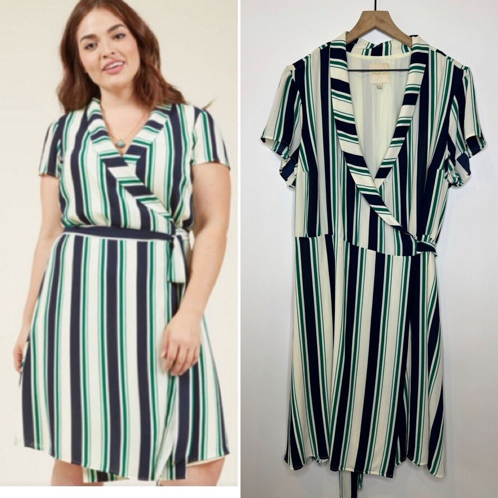 ModCloth~4X~Vertical Striped Wrap Dress Green Blue Shawl Collar